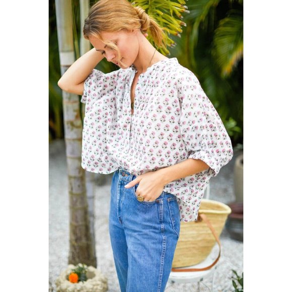 Emerson Fry Tops - Emerson Fry Mandarin Collar Top Rosey Flowers Organic Cotton Made in India O/S